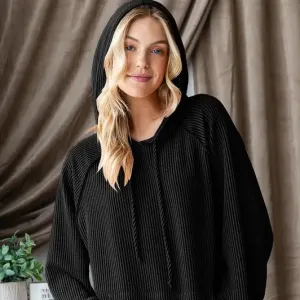 Plus Long Puff Sleeve Solid Urban Ribbed Hoodie Top