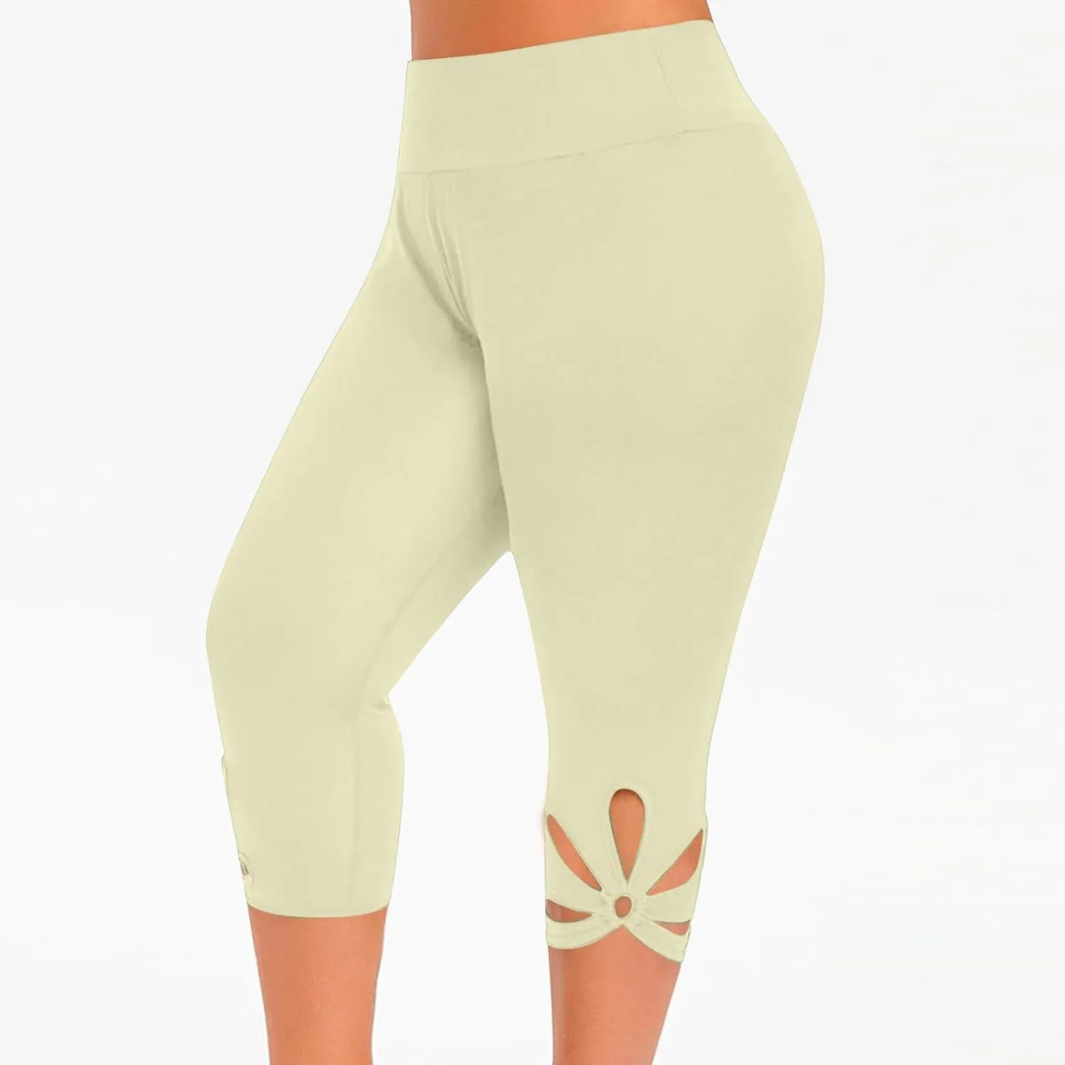 Plus Size Capris Leggings For Women Solid Color Hollow Out Tight Cropped Trousers Elastic High Waist Fashion Pants