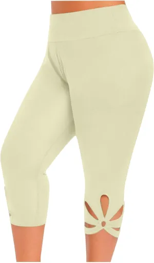 Plus Size Capris Leggings For Women Solid Color Hollow Out Tight Cropped Trousers Elastic High Waist Fashion Pants