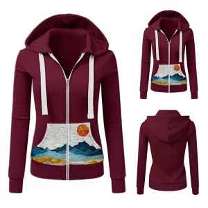 Printed Stitching Slim-Fit Hooded Cardigan European And American Women Sweater