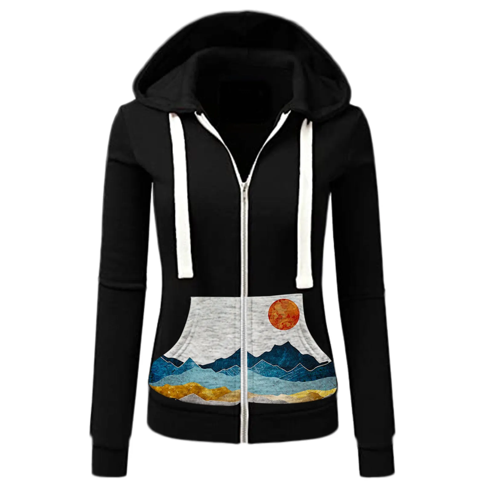 Printed Stitching Slim-Fit Hooded Cardigan European And American Women Sweater