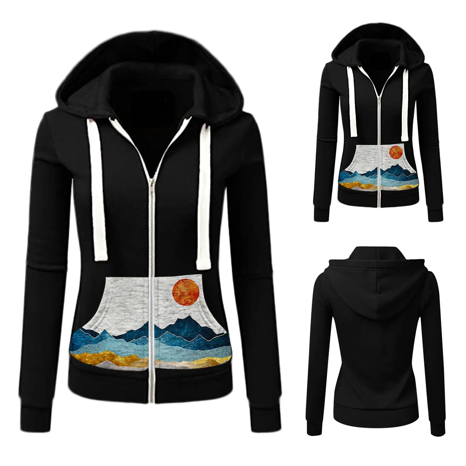 Printed Stitching Slim-Fit Hooded Cardigan European And American Women Sweater