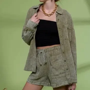 Right On Time Olive Collared Raw Edge Button Shirt