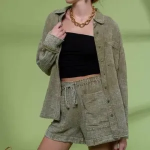 Right On Time Olive Collared Raw Edge Button Shirt
