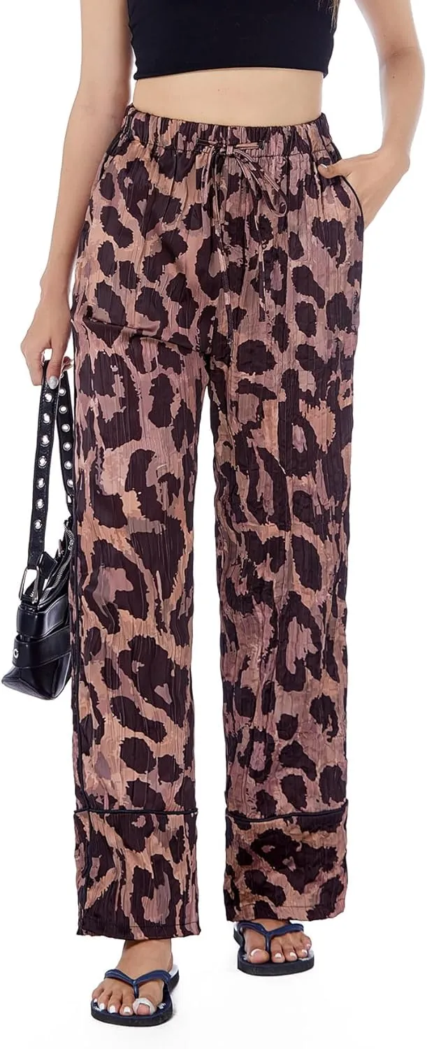 SCOFEEL Women's Leopard Print Palazzo Pants High Waist Casual Lounge Pant Animal Cheetah Wide Leg Trousers