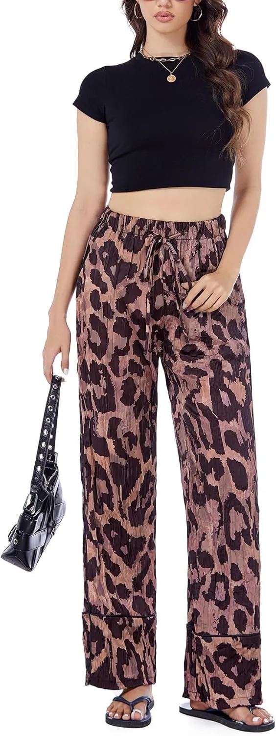 SCOFEEL Women's Leopard Print Palazzo Pants High Waist Casual Lounge Pant Animal Cheetah Wide Leg Trousers