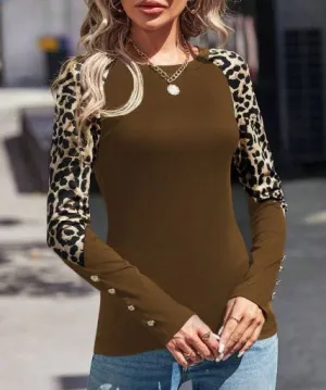 Shein Women Casual Leopard Print Patchwork Raglan Sleeve T-Shirt, L  