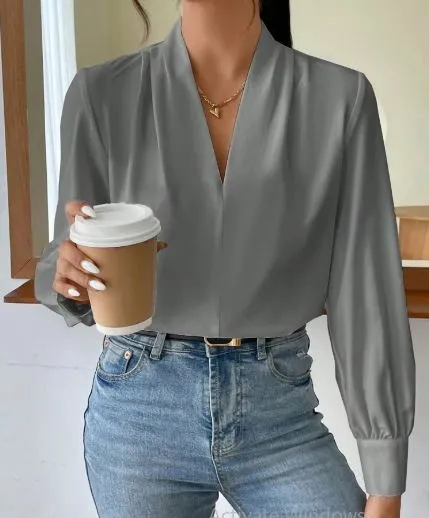 Shein Women's Daily Casual Elegant Fashion V-Neck Long Sleeve Shirt, L /