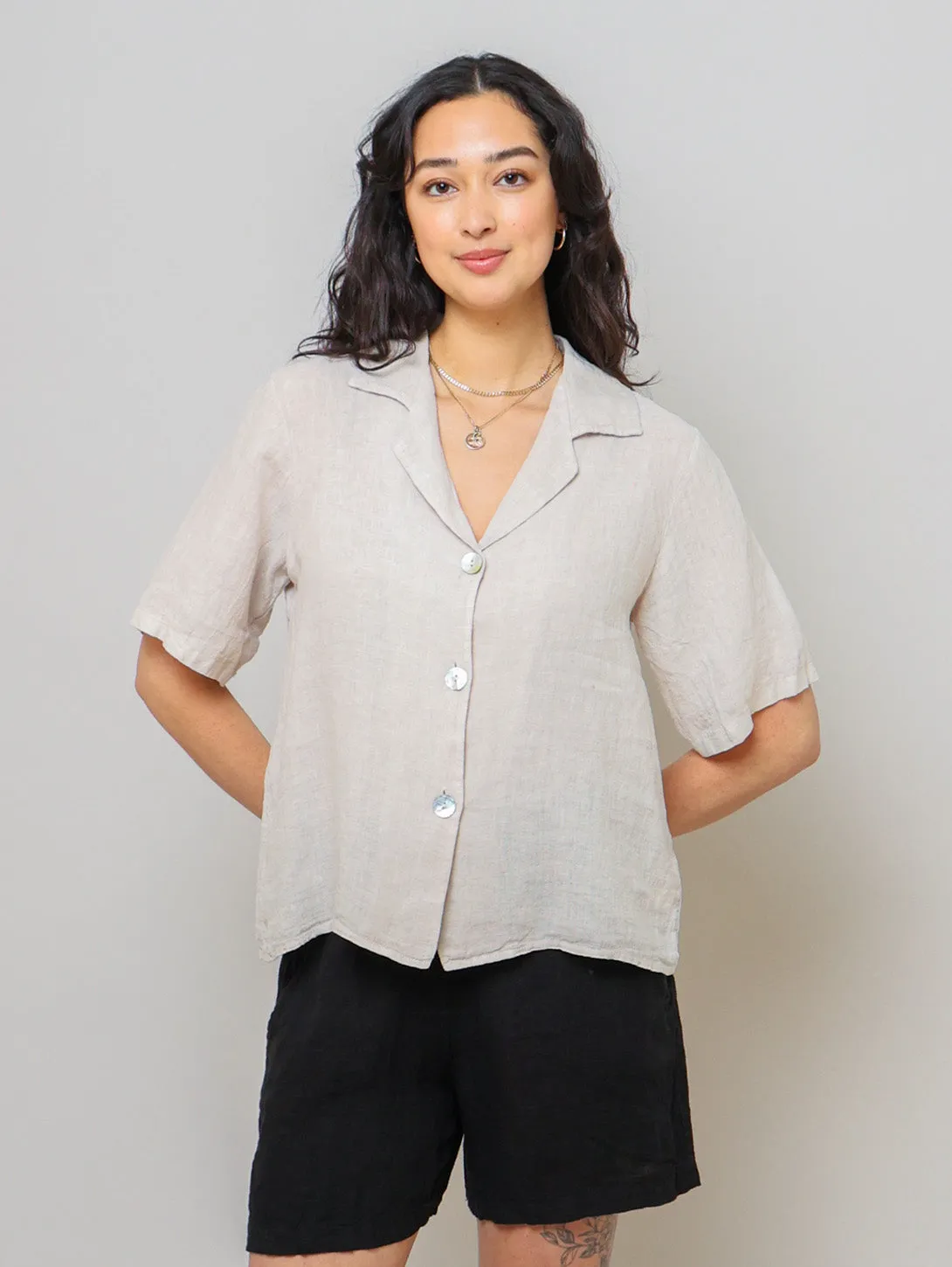 Short Sleeve Collared Shirt - Beige