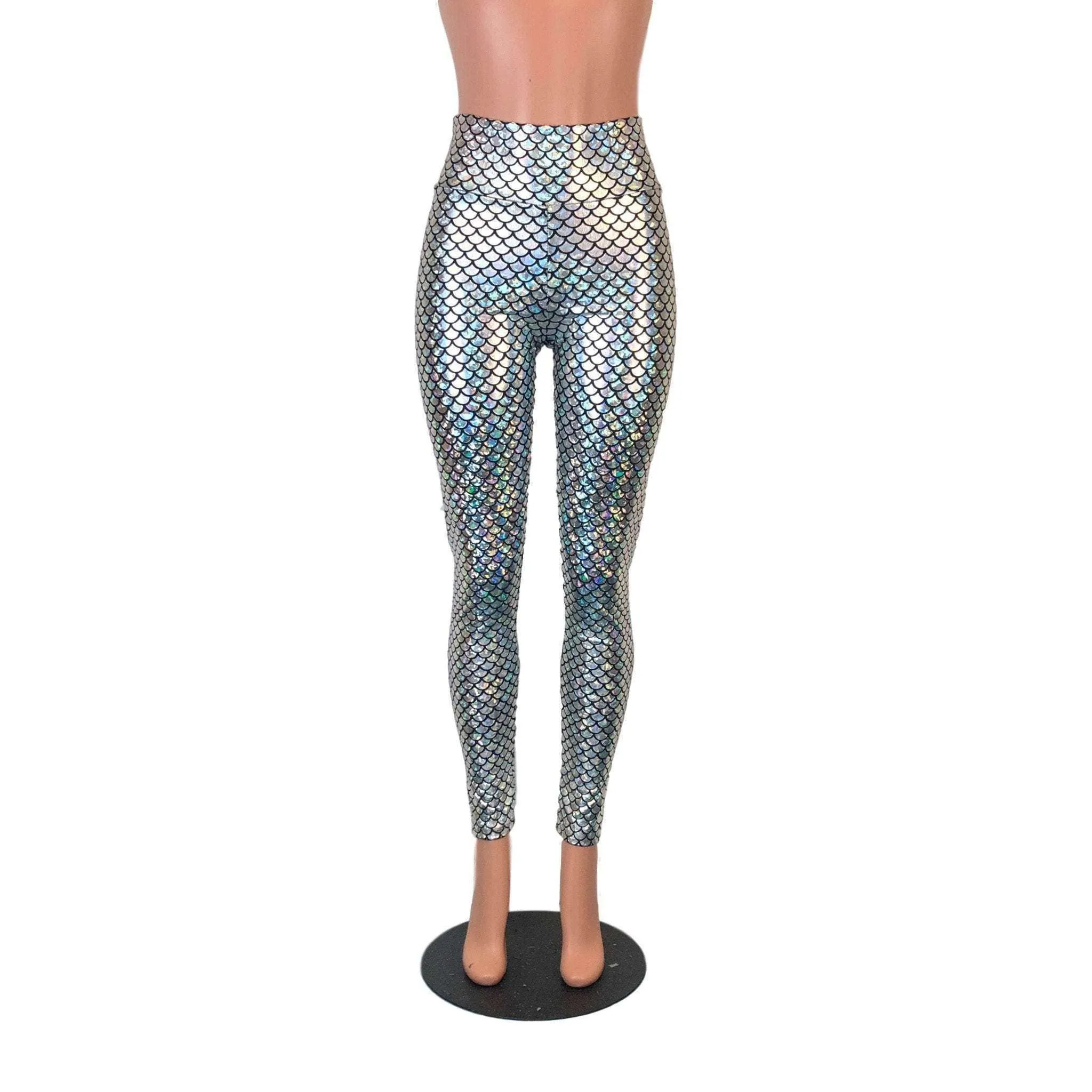 Silver Mermaid Scale Holographic High Waisted Leggings Pants