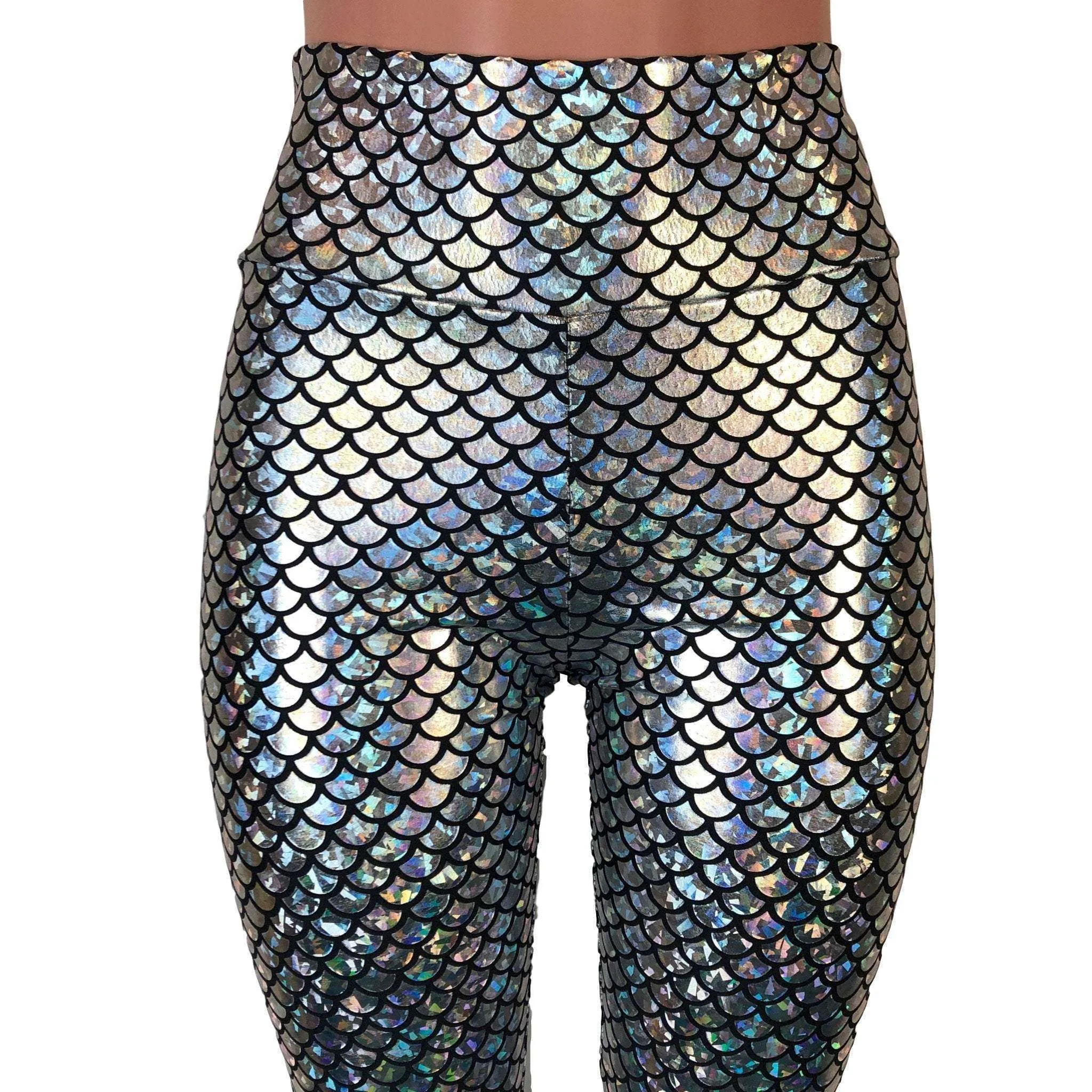 Silver Mermaid Scale Holographic High Waisted Leggings Pants