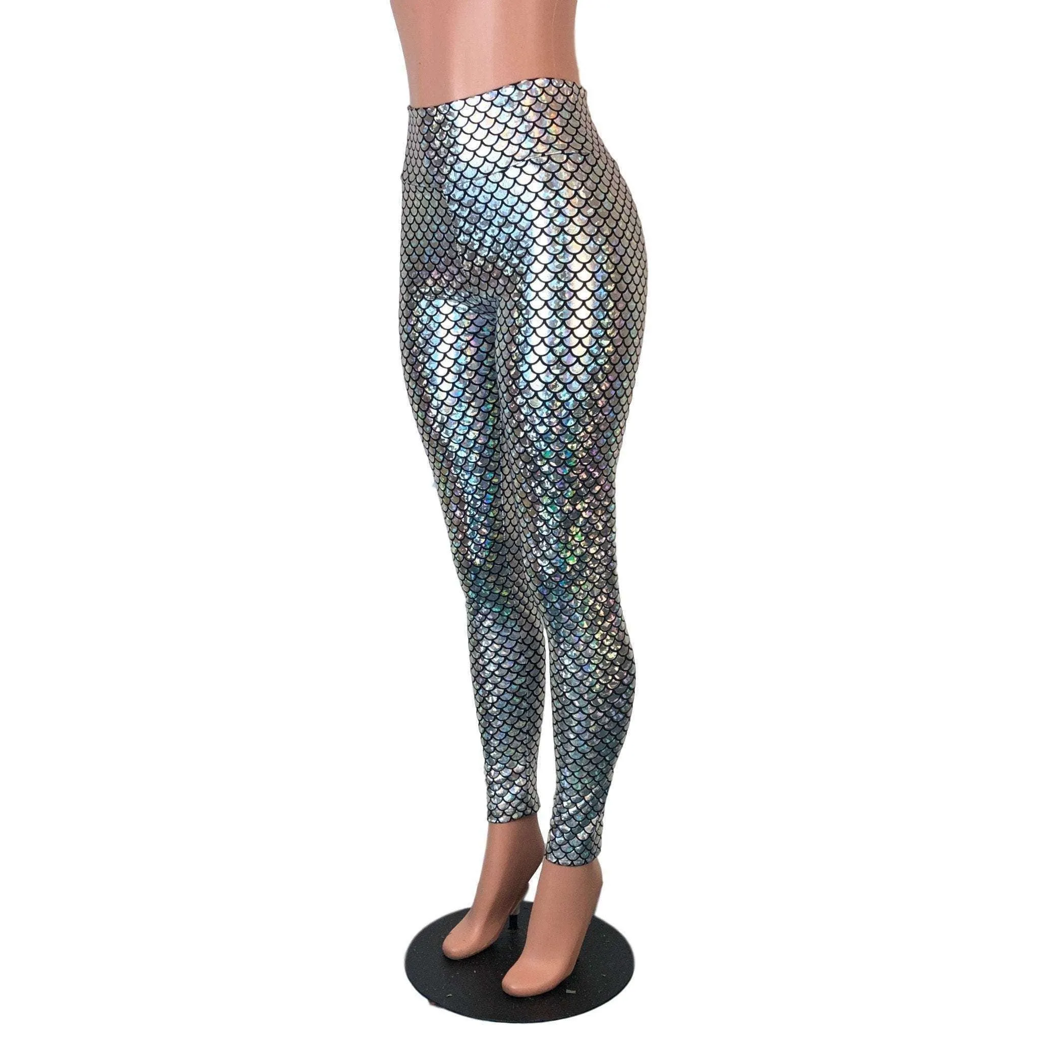 Silver Mermaid Scale Holographic High Waisted Leggings Pants