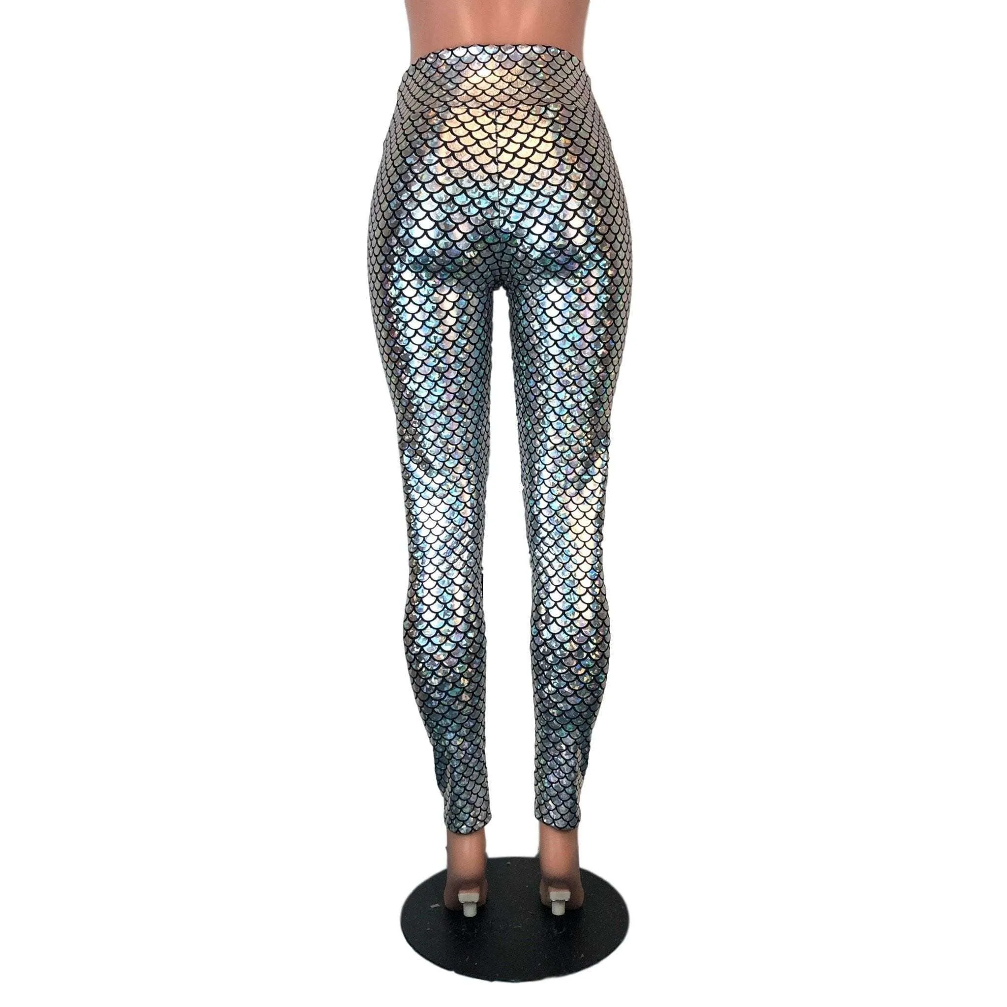 Silver Mermaid Scale Holographic High Waisted Leggings Pants