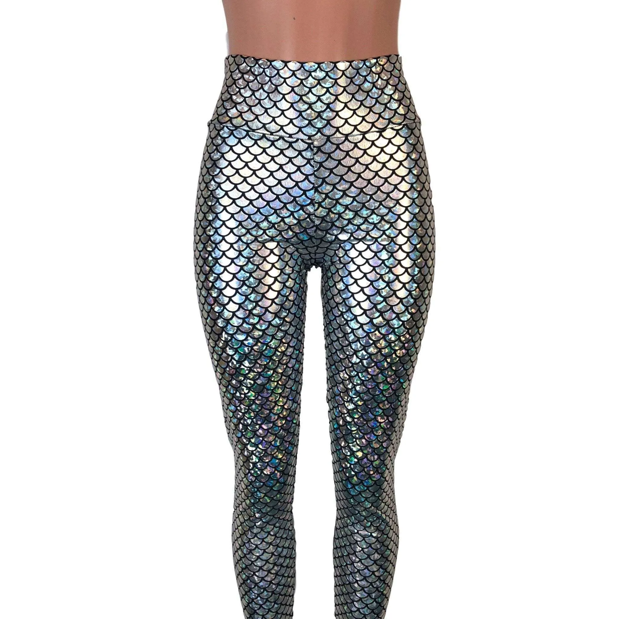 Silver Mermaid Scale Holographic High Waisted Leggings Pants