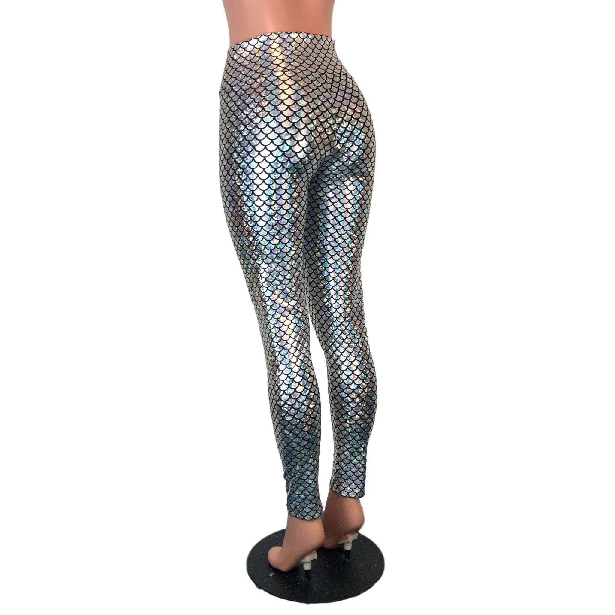 Silver Mermaid Scale Holographic High Waisted Leggings Pants