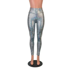 Silver Mermaid Scale Holographic High Waisted Leggings Pants