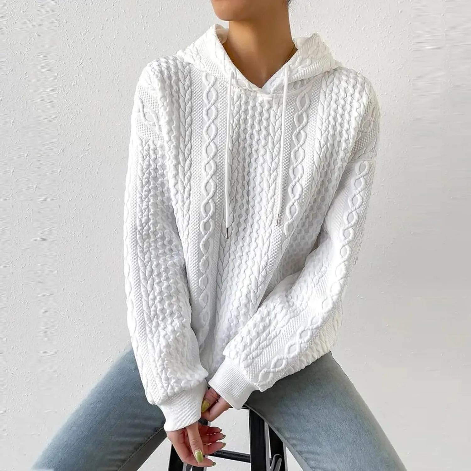 slqdgmryz Oversized Hoodies for Women Plus Size Cable Knit Sweater Loose Fit Drawstring Comfort Hoodie Preppy Sweatshirt