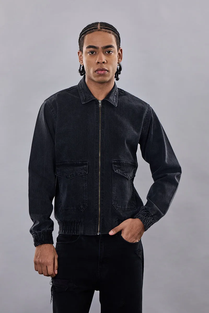 Snitch Revolution Charcoal Grey Zipper Denim Jacket