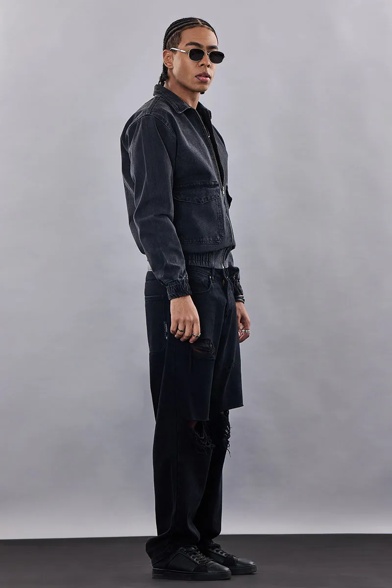 Snitch Revolution Charcoal Grey Zipper Denim Jacket
