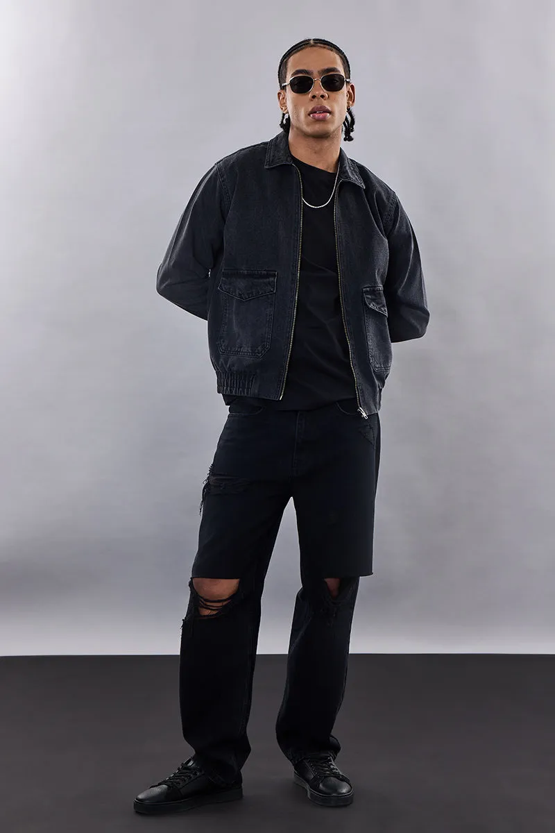 Snitch Revolution Charcoal Grey Zipper Denim Jacket