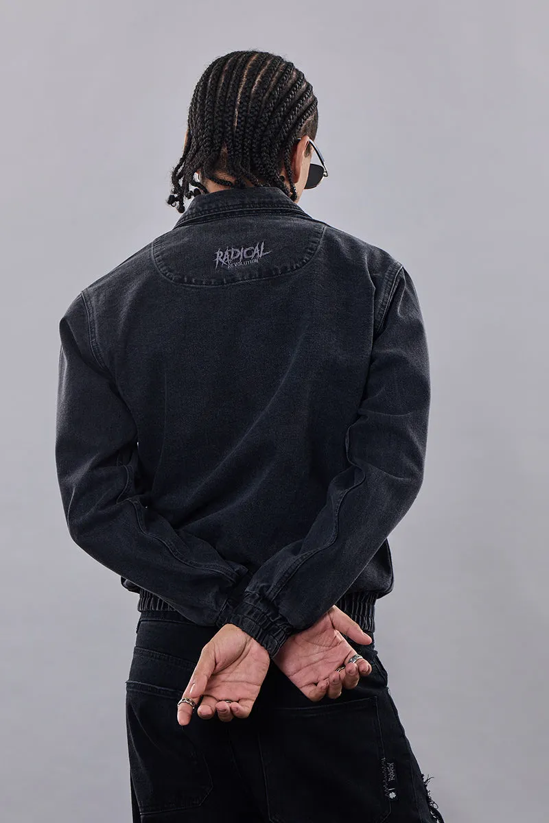 Snitch Revolution Charcoal Grey Zipper Denim Jacket