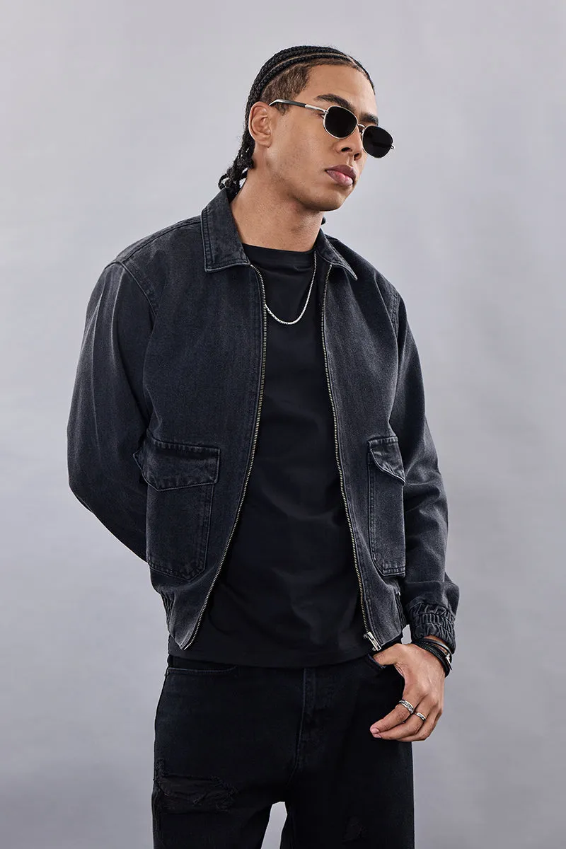 Snitch Revolution Charcoal Grey Zipper Denim Jacket