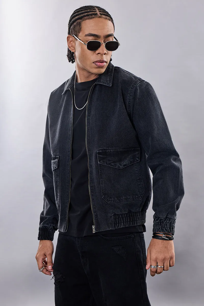 Snitch Revolution Charcoal Grey Zipper Denim Jacket