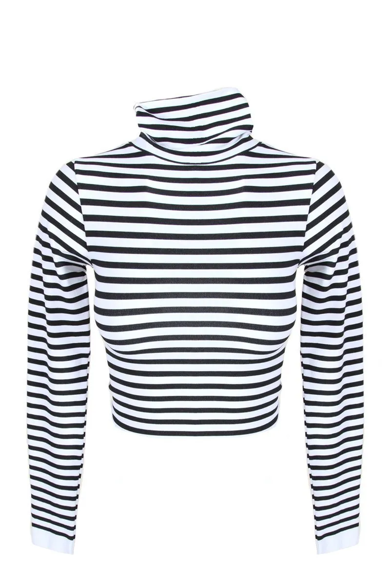 Striped Long Sleeve Turtleneck Crop Top