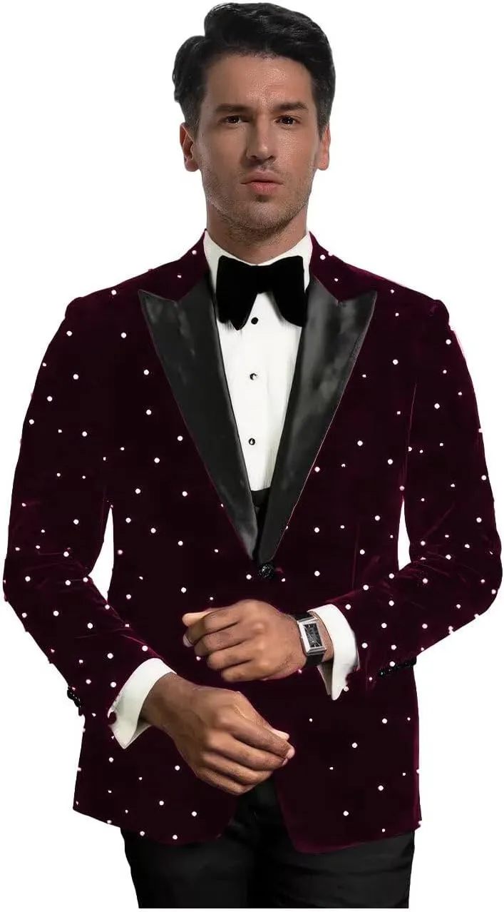 Suits for Men Luxury Velvet Wedding Tuxedos with Pearls Slim Fit Single Breasted Peak Lapel Blazer for Prom Party