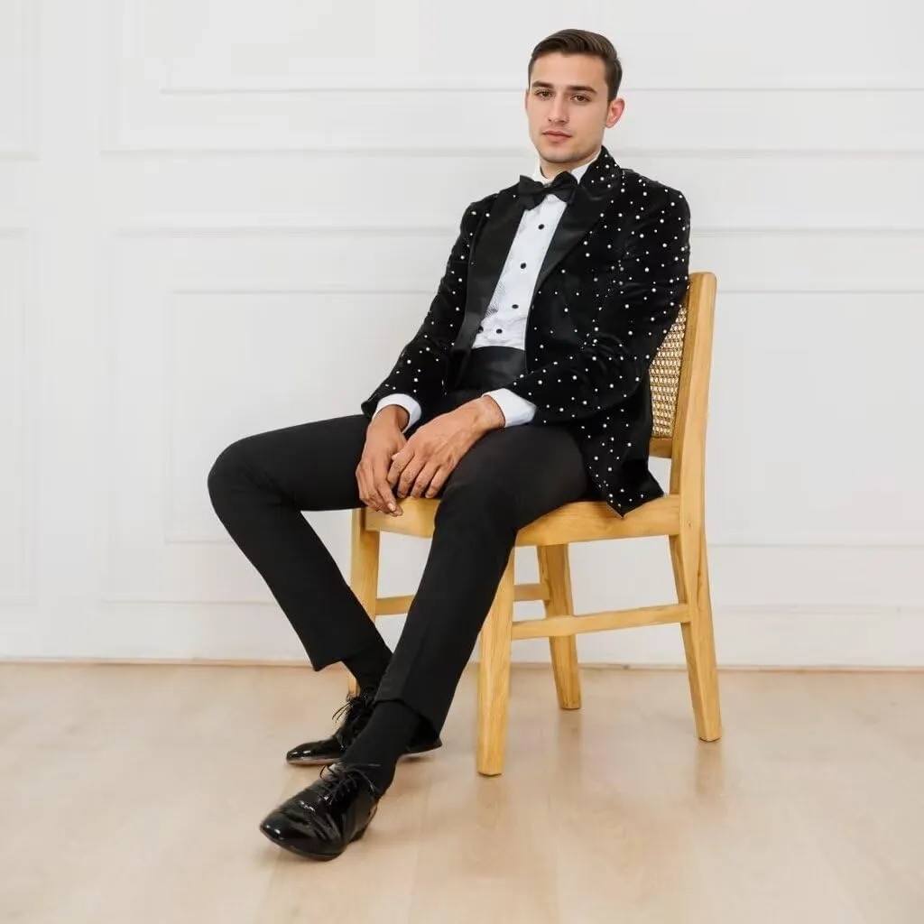 Suits for Men Luxury Velvet Wedding Tuxedos with Pearls Slim Fit Single Breasted Peak Lapel Blazer for Prom Party