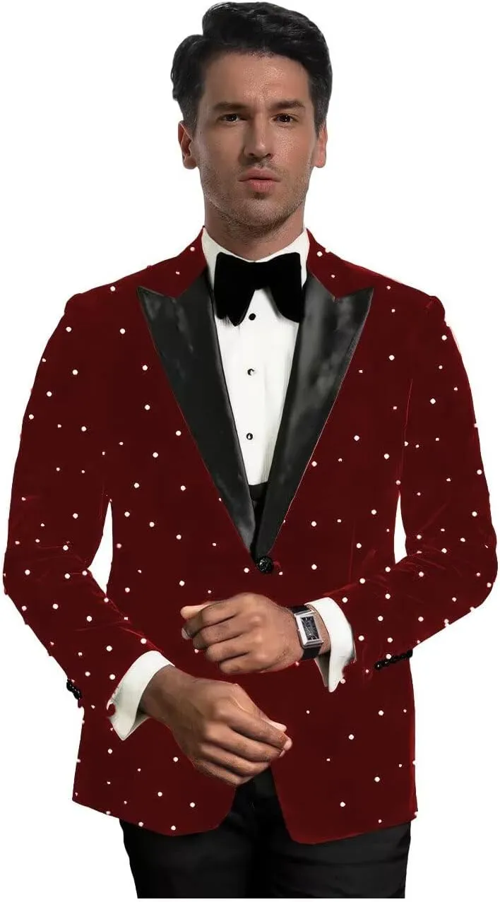 Suits for Men Luxury Velvet Wedding Tuxedos with Pearls Slim Fit Single Breasted Peak Lapel Blazer for Prom Party