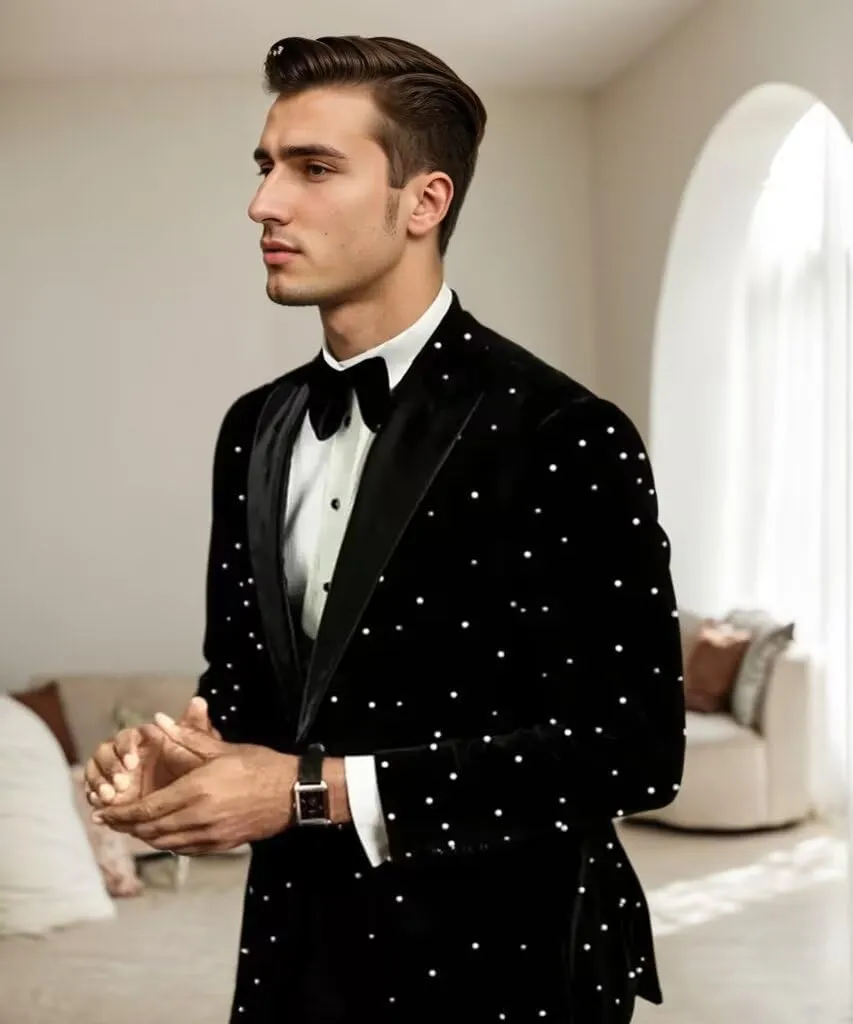 Suits for Men Luxury Velvet Wedding Tuxedos with Pearls Slim Fit Single Breasted Peak Lapel Blazer for Prom Party