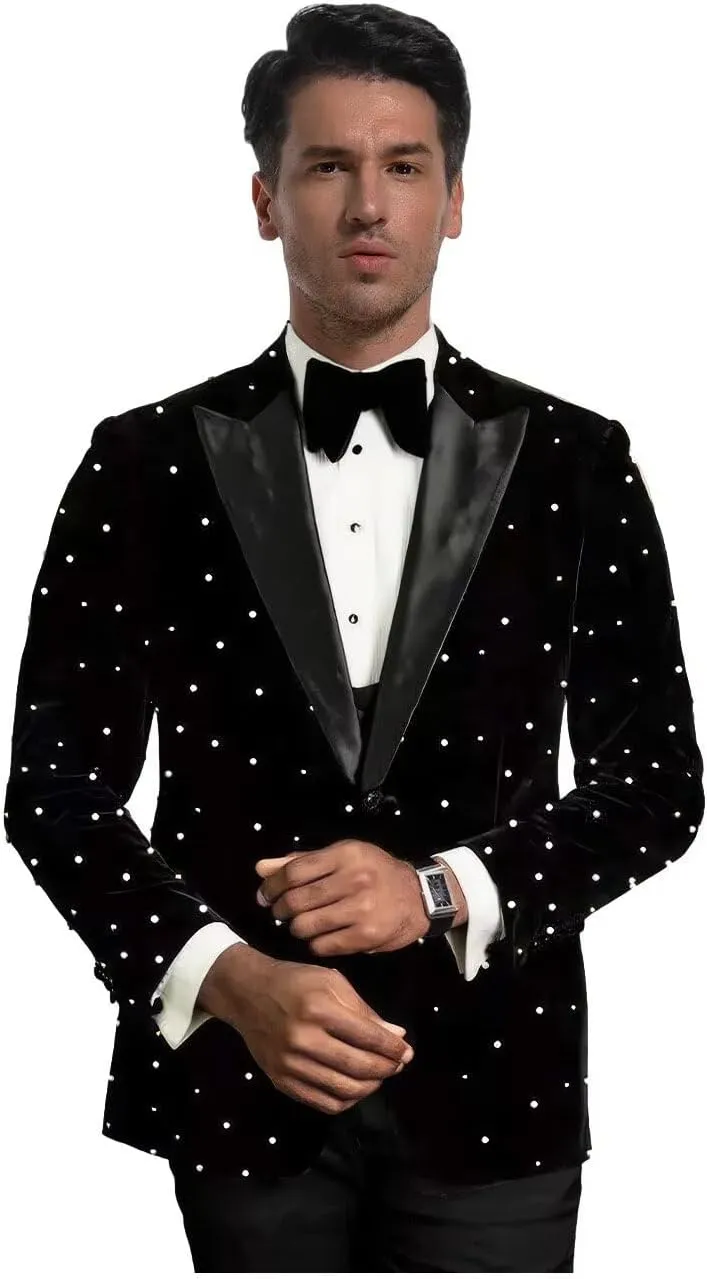 Suits for Men Luxury Velvet Wedding Tuxedos with Pearls Slim Fit Single Breasted Peak Lapel Blazer for Prom Party