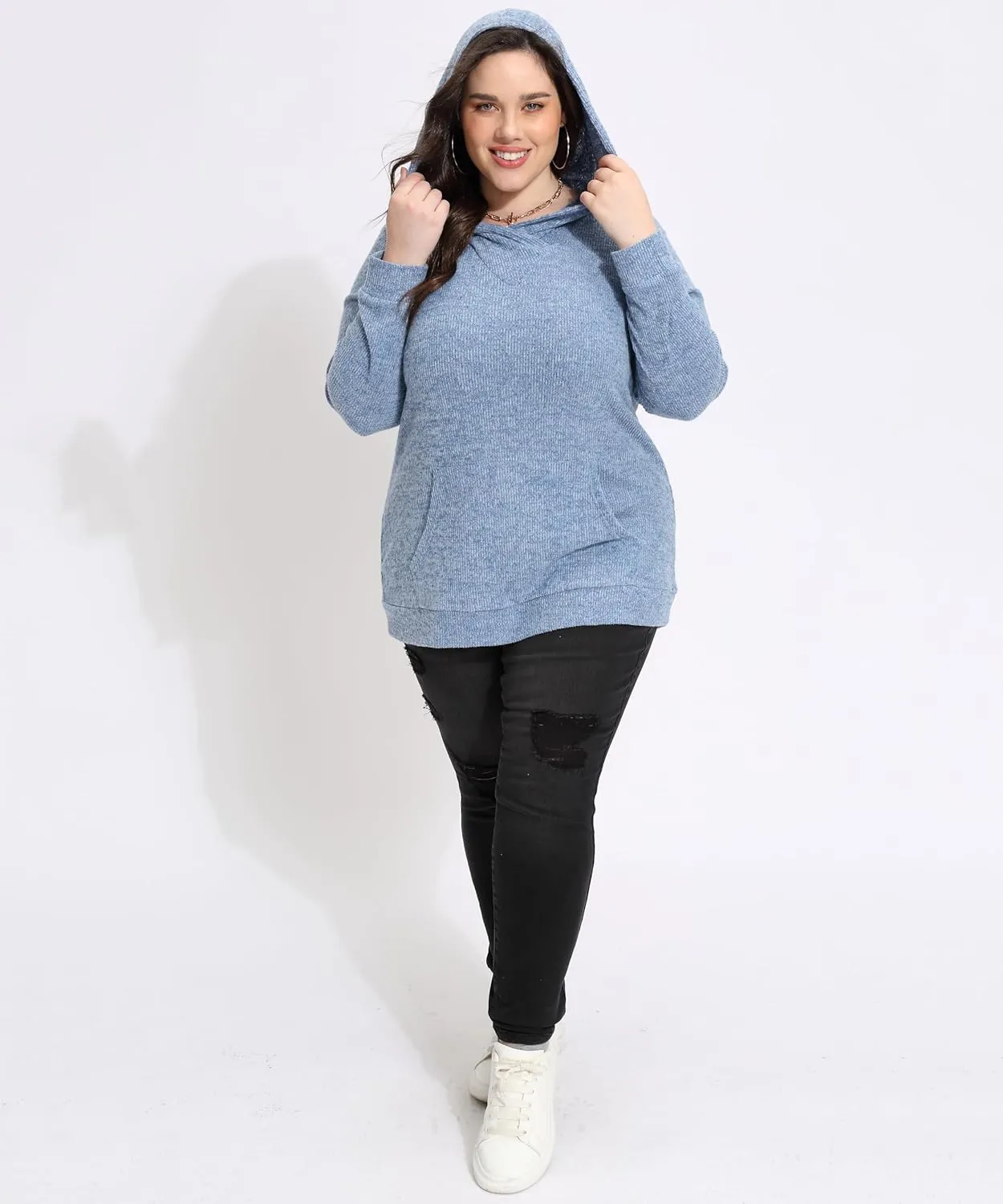 TIYOMI Plus Size Hoodies for Women Color Block Tops Drawstring Hooded Tunic Blouses Pullover T Shirts