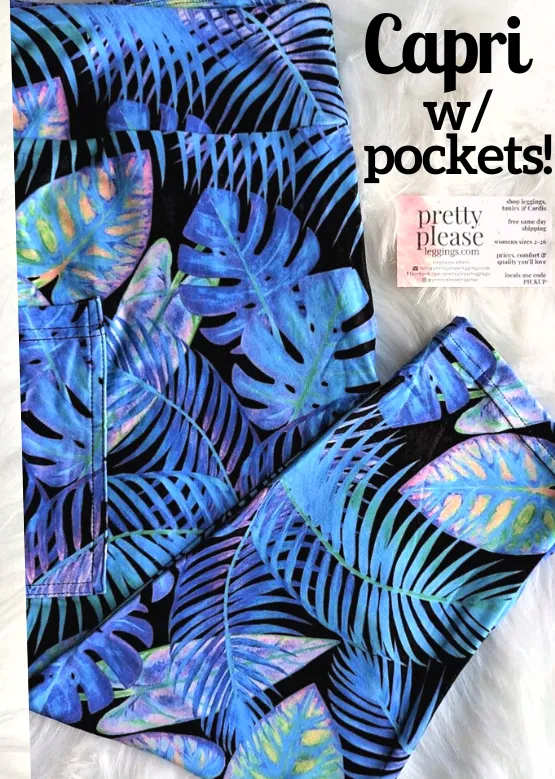 Tropical Blue Palm Leaves Capri Super SOFT Leggings Jungle Rainforest OS TC Plus rts