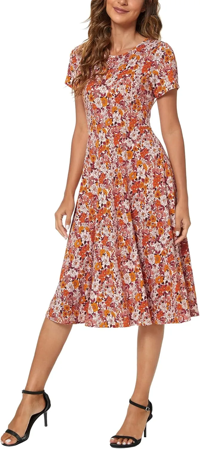 Urban CoCo Women's Floral Print Short Sleeve Flared Midi Dress