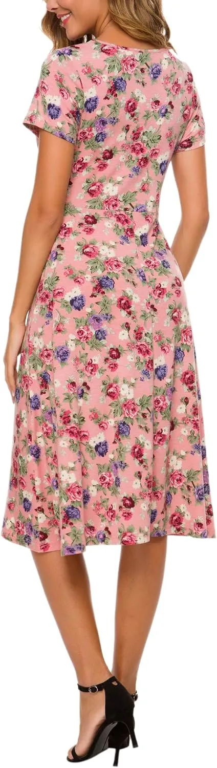Urban CoCo Women's Floral Print Short Sleeve Flared Midi Dress