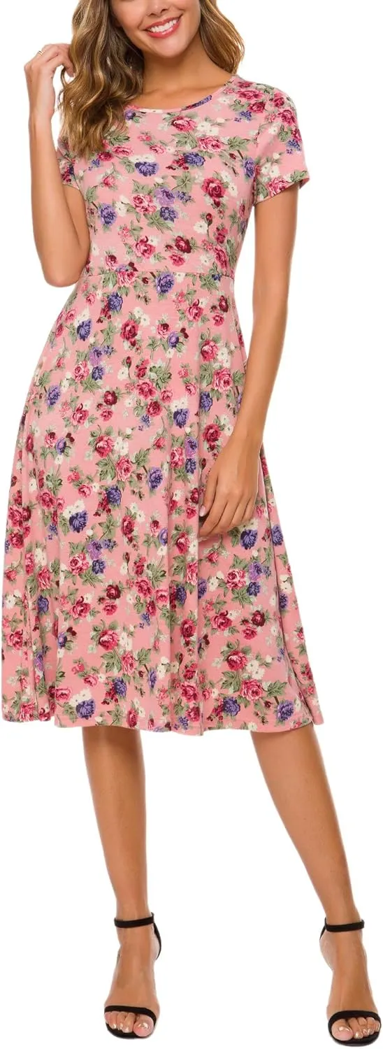 Urban CoCo Women's Floral Print Short Sleeve Flared Midi Dress