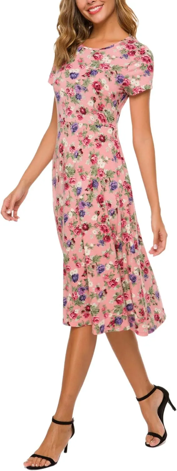 Urban CoCo Women's Floral Print Short Sleeve Flared Midi Dress