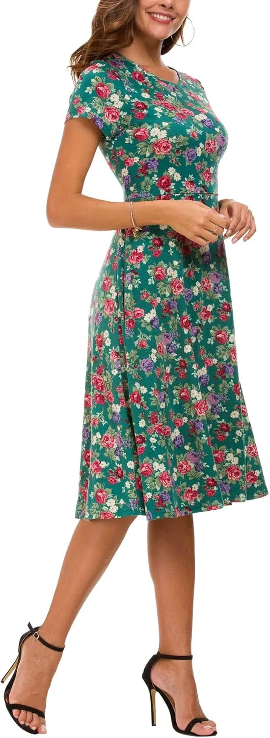 Urban CoCo Women's Floral Print Short Sleeve Flared Midi Dress