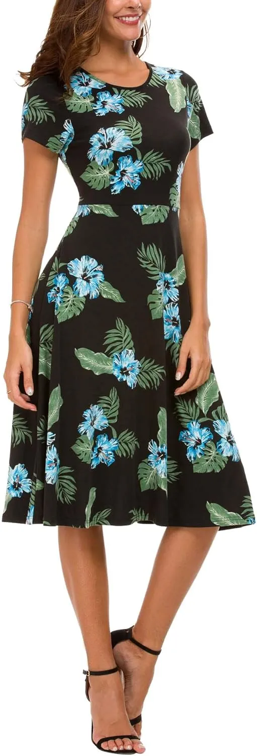 Urban CoCo Women's Floral Print Short Sleeve Flared Midi Dress
