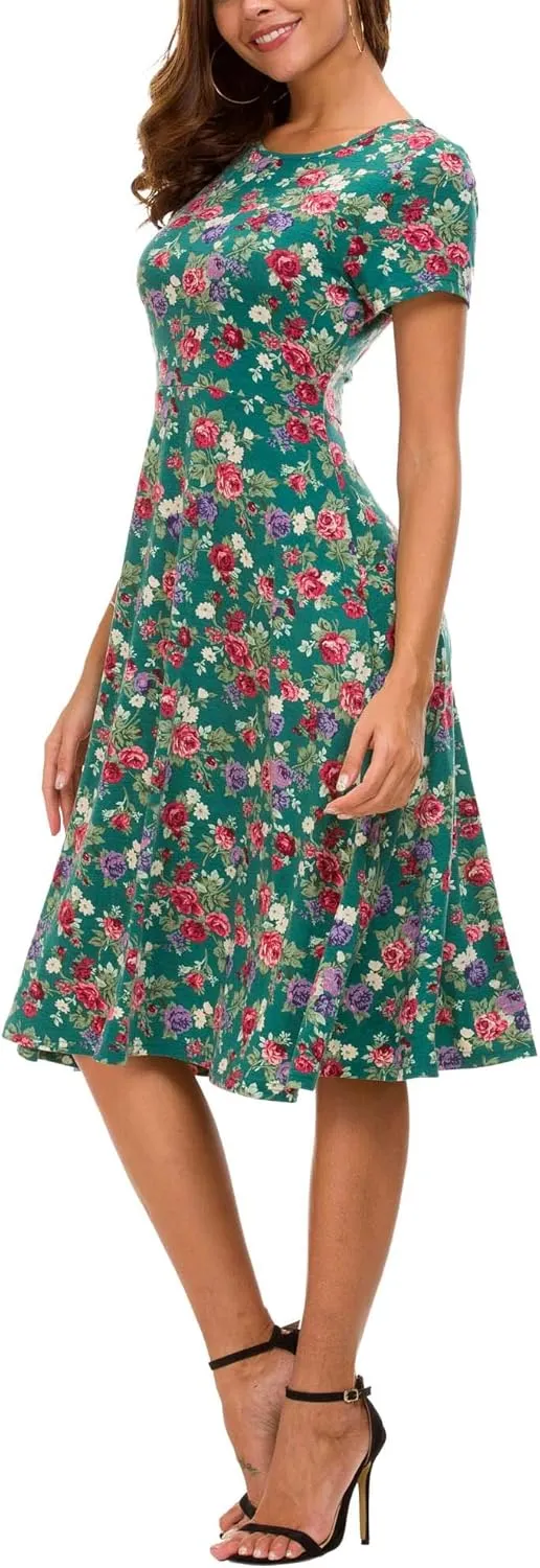 Urban CoCo Women's Floral Print Short Sleeve Flared Midi Dress