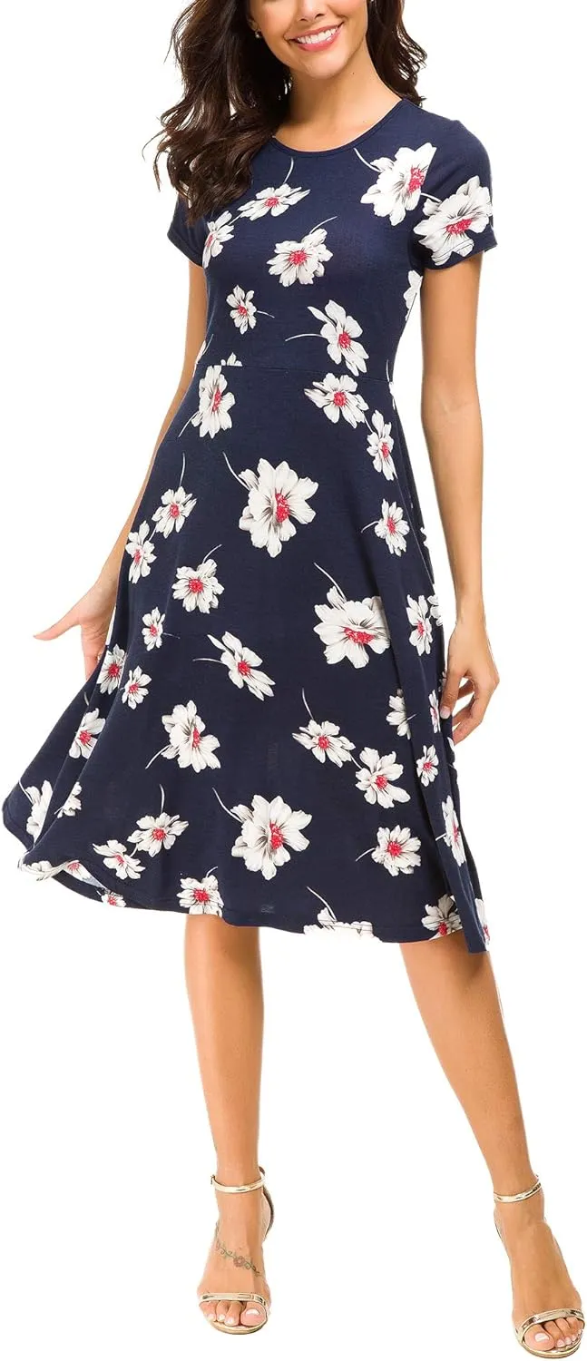 Urban CoCo Women's Floral Print Short Sleeve Flared Midi Dress