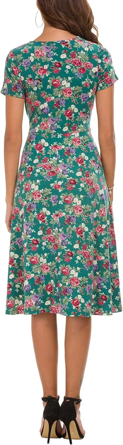 Urban CoCo Women's Floral Print Short Sleeve Flared Midi Dress