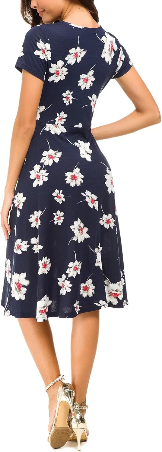 Urban CoCo Women's Floral Print Short Sleeve Flared Midi Dress