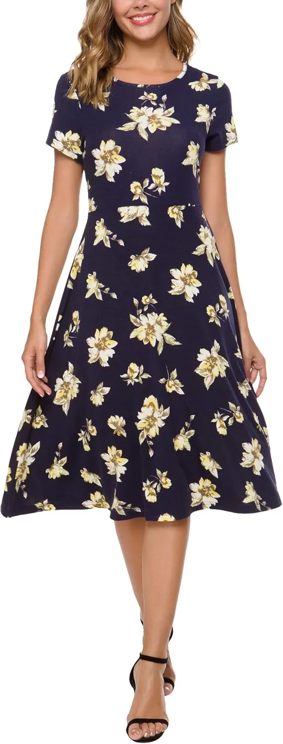 Urban CoCo Women's Floral Print Short Sleeve Flared Midi Dress