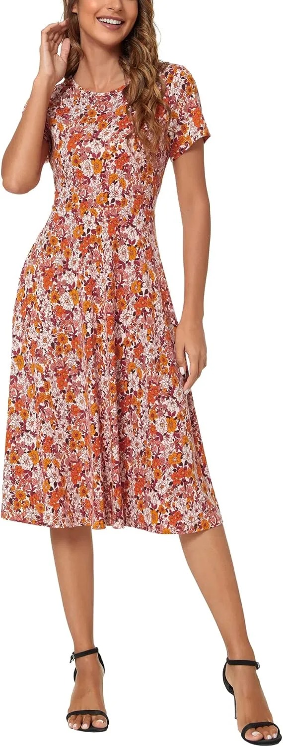 Urban CoCo Women's Floral Print Short Sleeve Flared Midi Dress