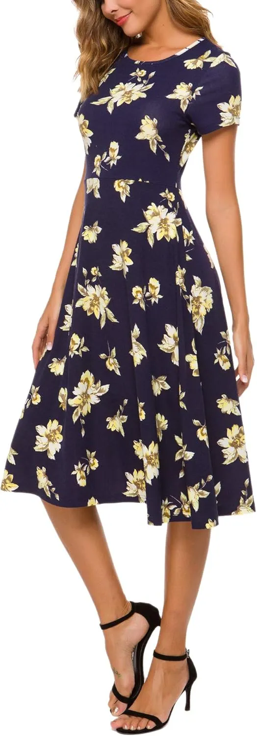 Urban CoCo Women's Floral Print Short Sleeve Flared Midi Dress