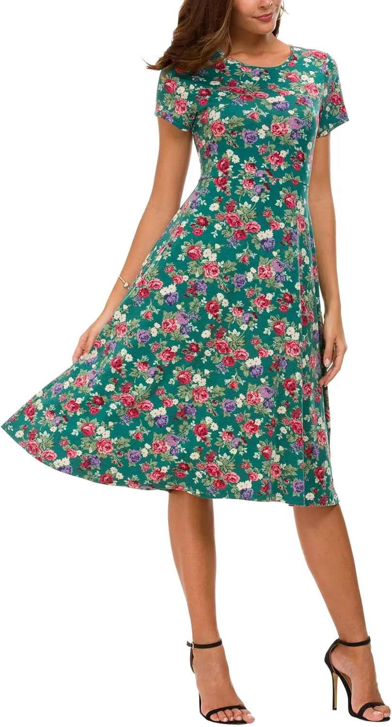 Urban CoCo Women's Floral Print Short Sleeve Flared Midi Dress
