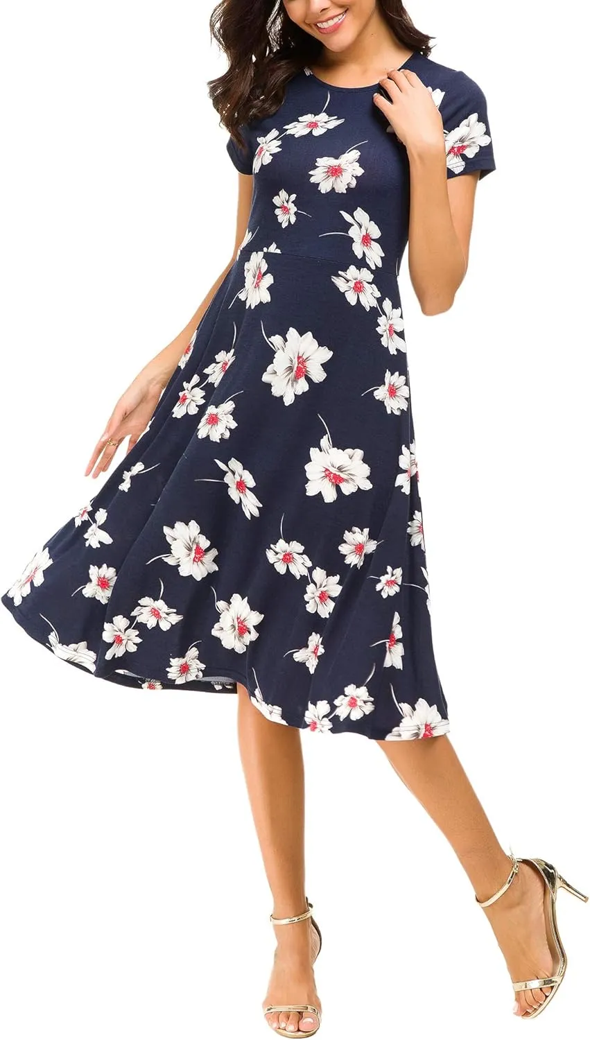 Urban CoCo Women's Floral Print Short Sleeve Flared Midi Dress